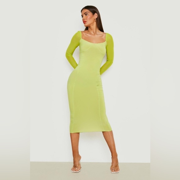 Boohoo Silky Mesh Sleeve Midaxi Women’s Dress Lime Size 10 - Picture 1 of 13